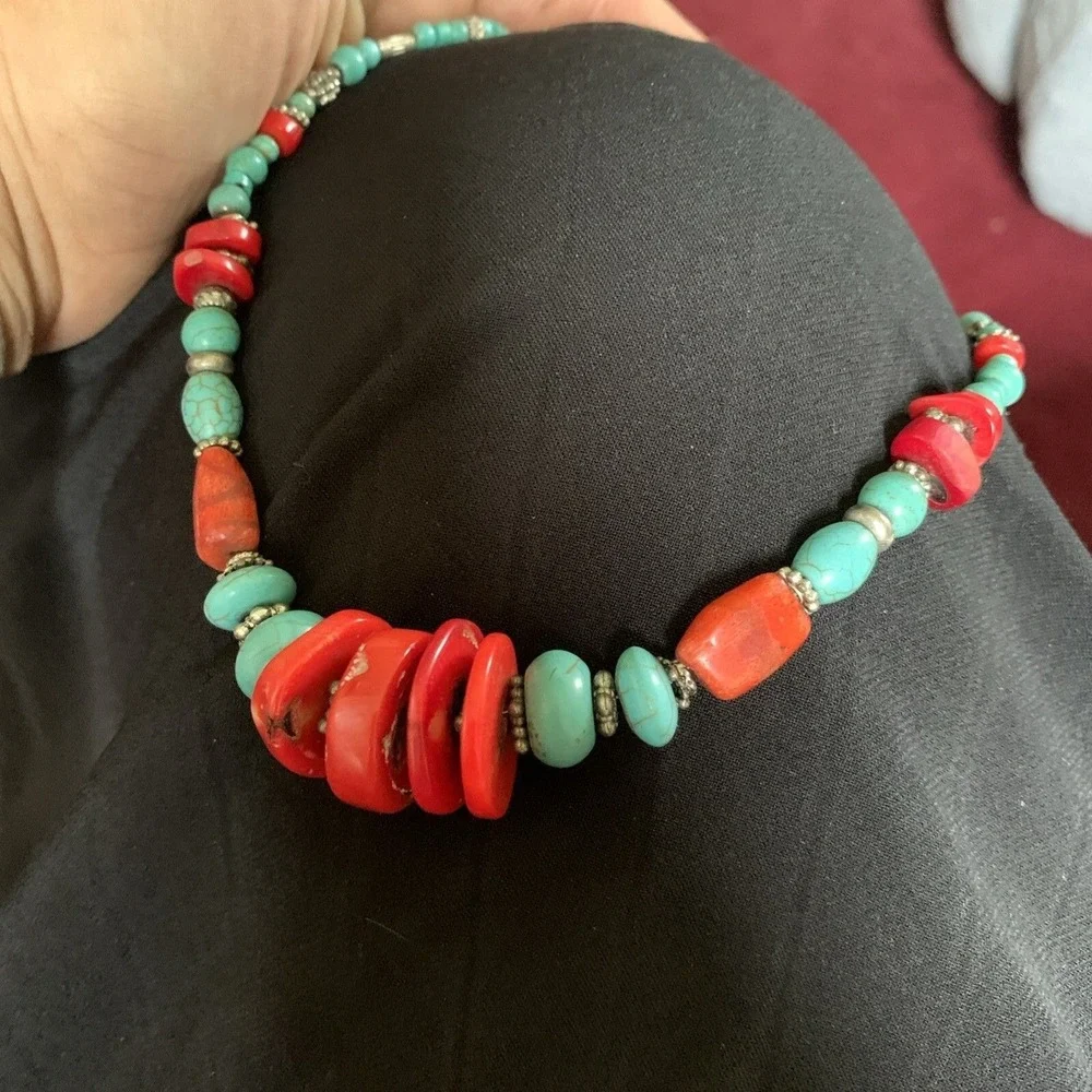 Vintage Dyed Red Coral and Howlite Beaded Necklace Southwestern Boho Statement